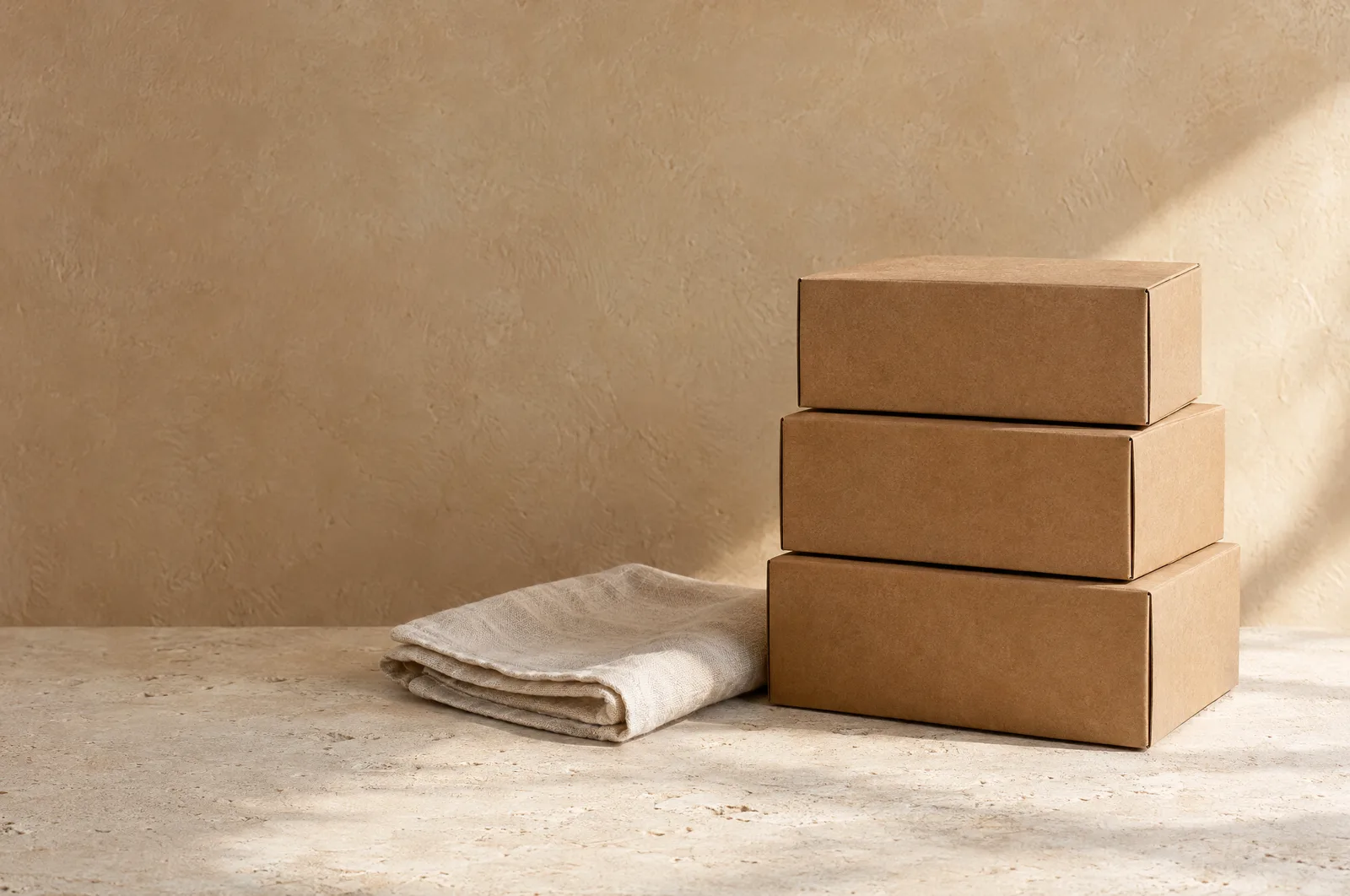 Plain shipping cartons and a folded linen cloth on a limestone counter